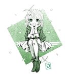  bad_id bad_pixiv_id chin_rest green grin gunsmith_cats minnie_may_hopkins monochrome petals qsan90 short_hair sitting sitting_on_head sitting_on_person skirt smile solo 