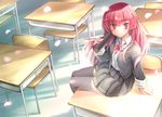  arm_support black_legwear blazer chair cherry_blossoms classroom desk diploma from_above jacket jas_(annkoromochi) long_hair on_desk original petals pink_eyes pink_hair pleated_skirt school_desk school_uniform sitting skirt solo thighhighs wind zettai_ryouiki 