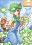  1up ?_block animal_ears bincho_tan blue_eyes boots breasts brown_hair genderswap gloves hat long_hair luigi mario_(series) mushroom open_mouth overalls raccoon_ears raccoon_luigi raccoon_tail super_mario_bros. tail underboob 