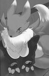  arm_support big_breasts black_nose breasts canine chest_tuft digimon eixin elbow_gloves female fox fur gloves greyscale hi_res looking_at_viewer mammal monochrome nude renamon scan sitting solo tuft 