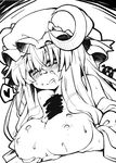  2girls akaneya bad_id bad_pixiv_id blush breasts censored crescent cum cum_on_body cum_on_breasts cum_on_upper_body facial fang greyscale hat head_wings heart koakuma large_breasts long_hair looking_at_viewer monochrome multiple_girls naughty_face nipples paizuri patchouli_knowledge penis silhouette_demon spoken_heart touhou 