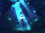  bad_id bad_pixiv_id blonde_hair cape chain cowboy_hat forest from_behind glowing glowing_eyes grass hat hat_removed headwear_removed highres ladic little_red_riding_hood long_hair moonlight nature night original wolf 