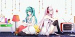  blue_eyes cushion green_hair hatsune_miku headphones ia_(vocaloid) lamp long_hair multiple_girls open_mouth pink_hair sitting skirt stuffed_animal stuffed_toy teddy_bear television thighhighs twintails very_long_hair vocaloid wariza yamaneko514 