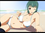  :p arm_support beach bikini blush breasts brown_eyes day green_hair hairband idolmaster idolmaster_(classic) large_breasts lying mole mole_under_mouth navel on_side one_eye_closed otonashi_kotori shin'ya_(nanp) shiny shiny_skin short_hair solo strap_gap swimsuit thighhighs tongue tongue_out yellow_hairband 