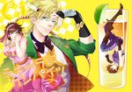  bad_id bad_pixiv_id bow bowtie brown_hair caesar_anthonio_zeppeli checkered crossdressing dual_persona facial_mark fingerless_gloves food fruit gloves green_jacket hair_ribbon headband hiokirasu jacket jojo_no_kimyou_na_bouken joseph_joestar_(young) lime_(fruit) male_focus multiple_boys ribbon tequila underwater unmoving_pattern water yellow_background 