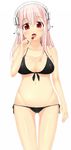  bikini blush breasts candy cleavage commentary_request food headphones highres large_breasts lollipop long_hair looking_at_viewer navel nitroplus open_mouth pink_hair red_eyes rinyan_suzu solo super_sonico swimsuit 