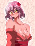  1girl bare_shoulders blush breasts brown_eyes cleavage dark_skin eyebrows_visible_through_hair female_warrior_(inaba) flower hair_flower hair_ornament inabakun00 japanese_clothes kimono large_breasts looking_at_viewer off_shoulder original purple_hair short_hair smile solo upper_body 