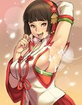  arm_up armpit_sex armpits bad_id bad_pixiv_id blush breasts brown_eyes brown_hair cum cum_string detached_sleeves facial hairband heavy_breathing japanese_clothes large_breasts lips maou_alba nail_polish okuni petals sengoku_musou short_hair sideboob solo sweat 