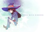  bad_id bad_pixiv_id belt boots brown_hair copyright_name hat highres kagari_atsuko knee_boots little_witch_academia long_hair looking_at_viewer piroaki red_eyes sitting slim_legs star witch_hat 