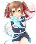  :d bad_id bad_pixiv_id brown_hair dragon hug kazato_fuuchi open_mouth pina_(sao) red_eyes school_uniform short_hair short_twintails silica smile sword_art_online twintails 