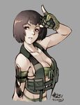 2013 armband bikini black_hair breasts cleavage dated explosive gloves grenade highres holly_summers holster junkpuyo knife large_breasts load_bearing_vest no_more_heroes salute short_hair simple_background solo swimsuit underboob upper_body 