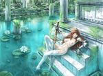  breasts breasts_apart brown_hair burunuu_(bullnukko) column crown flower garter_belt gauntlets green_eyes large_breasts lily_pad long_hair lying moss nipples nude on_back original pillar ruins scenery soaking_feet solo sword thighhighs topless water weapon white_legwear 