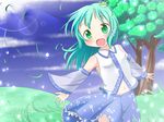  bare_shoulders bug detached_sleeves frog_hair_ornament grass grasshopper green_eyes green_hair hair_ornament insect kochiya_sanae light_rays makuran navel solo sunbeam sunlight touhou wind younger 