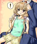  1boy 1girl blush brown_eyes brown_hair dropping flower formal futaba_anzu hair_flower hair_ornament hair_ribbon hand_on_another's_head head_out_of_frame idolmaster idolmaster_cinderella_girls long_hair low_twintails necktie on_lap parted_lips producer_(idolmaster) ribbon sitting size_difference skirt suit tsukiya_akina twintails 