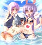  3girls animal_ears ass bent_over bikini black_hair breast_envy breast_grab breasts bullying bunny_ears bunny_tail darren embarrassed female front-tie_top grabbing highres inaba_tewi long_hair multiple_girls navel one-piece_swimsuit open_mouth purple_hair red_eyes reisen reisen_udongein_inaba school_swimsuit short_hair side-tie_bikini swimsuit tail tongue touhou wading 