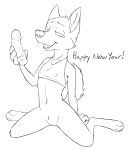  anthro bottomless canine clothed clothing crop_top cub dildo dog female fur half-closed_eyes holidays kneeling looking_at_viewer mammal misterpickleman monochrome navel new_year nipple_bulge open_mouth pussy sex_toy shirt simple_background solo taylor_knight text young 
