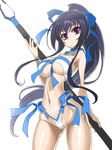  1girl bikini female honda_futayo indee kyoukaisenjou_no_horizon polearm ponytail purple_eyes purple_hair solo spear swimsuit weapon 