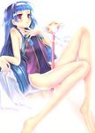  bad_feet bad_id bad_pixiv_id bangs barefoot blue_hair blunt_bangs hairband kannagi long_hair nagi one-piece_swimsuit purple_eyes solo swimsuit teruru wand 