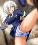  1girl 1other absurdres alternate_costume armband black_necktie blue_eyes blue_jacket blue_panties blue_shirt breasts commentary_request cowboy_shot gloves grey_hair hair_ornament hair_over_one_eye hairclip hamakaze_(kancolle) high_kick highres jacket kantai_collection kicking large_breasts miniskirt motion_blur necktie panties pantyshot police police_uniform policewoman shirt short_hair skirt striped_clothes striped_panties underwear uniform variant_set white_gloves zanntetu 