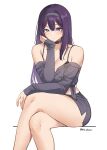  1girl bare_shoulders black_choker blue_eyes character_request choker copyright_request feet_out_of_frame grey_hairband grey_shirt hairband highres long_hair long_sleeves looking_at_viewer midriff off_shoulder pinepin purple_hair shirt simple_background sitting solo thighs tied_shirt very_long_hair white_background 