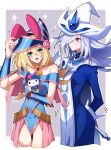  2girls animal_ears bare_shoulders blonde_hair blue_dress blue_robe blush blush_stickers breasts carrying closed_mouth collarbone cosplay dark_magician_girl dark_magician_girl_(cosplay) dress duel_monster green_eyes hair_between_eyes hair_over_one_eye hat highres holding holding_wand long_hair medium_breasts multiple_girls my_melody off-shoulder_dress off_shoulder open_mouth purple_eyes rabbit_ears robe sanrio silent_magician sparkle twitter_username wand white_hair witch witch_hat yoshio_296 yu-gi-oh! 