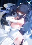  1girl black_hair blue_archive blue_eyes blue_halo breasts cleavage cowboy_shot dress elbow_gloves gloves gun hair_ornament halo highres large_breasts long_hair official_alternate_costume saori_(blue_archive) saori_(dress)_(blue_archive) solo weapon white_dress white_gloves xiujia_yihuizi 