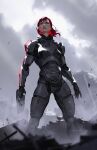  1girl aleksandra_skiba armor black_gloves blood blood_from_mouth blood_on_face blood_on_leg breasts commander_shepard commander_shepard_(female) english_commentary floating_hair gloves green_eyes gun highres holding holding_gun holding_weapon looking_up m-6_carnifex mass_effect_(series) mass_effect_3 medium_breasts medium_hair n7_armor open_hand parted_lips power_armor red_hair ruins solo weapon 