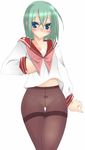  black_legwear blue_eyes blush crotch_seam green_hair iwasaki_minami lucky_star no_pants panties panties_under_pantyhose pantyhose short_hair solo suzuna_rin thigh_gap thighband_pantyhose underwear 