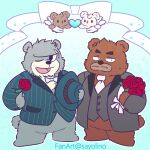 2024 anthro bear brew_(kumalino) brown_body clothing dot_eyes drip_(kumalino) flower grey_body group heart_symbol kumalino male mammal necktie one_eye_closed plant roast_(kumalino) sanrio sayolino scar suit syrup_(kumalino) wink