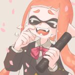  1girl bow bowtie closed_eyes commentary_request crying falling_petals highres inkling inkling_girl inkling_player_character long_hair open_mouth orange_hair petals pointy_ears red_bow red_bowtie simple_background smile sobbing solo splatoon_(series) sub_kiiro tears teeth tentacle_hair thick_eyebrows upper_body white_background 