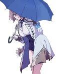  1girl blue_eyes breasts corset flower gloves gridman_universe highres himagosan holding holding_umbrella jacket large_breasts looking_at_viewer military_jacket mujina necktie purple_shorts short_hair shorts solo ssss.dynazenon thighs umbrella white_gloves white_jacket 