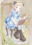  1girl alice_(alice_in_wonderland) alice_in_wonderland animal_ears apron blonde_hair blue_dress blue_eyes book boots card cat cat_ears chair cheshire_cat_(alice_in_wonderland) dress fake_animal_ears flat_chest frilled_dress frills full_body highres holding holding_book long_hair original playing_card pop_(electromagneticwave) rabbit sitting solo striped_clothes striped_thighhighs thighhighs white_rabbit_(alice_in_wonderland) 