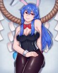  1girl absurdres averageairhead blue_hair bow breasts highres hinanawi_tenshi leotard long_hair looking_at_viewer pantyhose playboy_bunny red_bow red_eyes solo touhou wrist_cuffs 