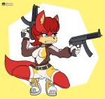 archie_comics belt blue_eyes bottomwear canid canine clothing crouching dual_wielding female fiona_fox footwear fours_(artist) fox fur gun hair hi_res holding_object holding_weapon hotpants jacket mammal ranged_weapon red_body red_fur red_hair sega shoes shorts solo sonic_the_hedgehog_(archie) sonic_the_hedgehog_(comics) sonic_the_hedgehog_(series) submachine_gun topwear weapon