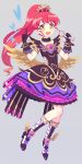 1girl :d black_dress black_gloves dress full_body fur_collar gloves gold_trim grey_background hair_ornament hands_up high_heels highres holding holding_microphone index_finger_raised ku_(residual666) long_hair looking_at_viewer low_wings microphone open_mouth ponytail pretty_series pripara red_hair shiratama_mikan shoes simple_background smile solo standing wings yellow_eyes 