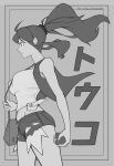  1girl alternate_breast_size artist_name character_name cowboy_shot denim denim_shorts exposed_pocket greyscale grimmlocke10k hilda_(pokemon) holding holding_poke_ball monochrome poke_ball poke_ball_(basic) pokemon pokemon_bw ponytail shirt shorts sleeveless sleeveless_shirt solo tied_shirt 