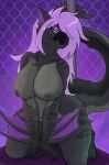absurd_res anthro breasts capcom female flying_wyvern full-length_portrait fuzzylynx hair hi_res kneeling monster_hunter nargacuga nipples pink_hair pinup portrait pose purple_background simple_background solo tail yellow_eyes