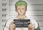  1boy artist_name bandana bandana_around_arm barbie_mugshot_(meme) character_name closed_mouth commentary earrings english_commentary english_text green_hair height_chart height_mark highres holding holding_sign instagram_username jewelry looking_at_viewer male_focus meme mugshot nameplate nzkn one_piece roronoa_zoro shirt short_hair sign single_earring solo white_shirt 