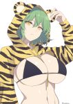  1girl absurdres animal_ear_hood animal_ears animal_hood animal_print artist_name between_breasts bikini black_bikini breasts cleavage crop_top earrings fake_animal_ears gold_earrings green_hair groin highres hikage_(senran_kagura) hood hood_up hoodie hoop_earrings jewelry large_breasts lemonrou linea_alba long_sleeves looking_at_viewer micro_bikini navel senran_kagura senran_kagura_shoujo-tachi_no_shin&#039;ei shiny_skin short_hair shrug_(clothing) simple_background slit_pupils solo stomach strap_between_breasts string_bikini swimsuit tiger_print toned twitter_username white_background yellow_eyes 