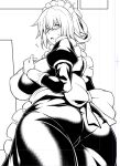  1girl apron ass ass_visible_through_thighs black_dress breasts dress fate/apocrypha fate_(series) frilled_dress frills glasses greyscale huge_ass huge_breasts isabelle_romee_(fate) large_breasts looking_at_viewer looking_back maid maid_apron maid_headdress mature_female monochrome motherly open_mouth sweat sweatdrop tanabe_(studio_tiamat) thick_thighs thighs white_background wide_hips 