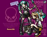  aqua_eyes aqua_hair belt blonde_hair boombox boots cassette_tape chain guitar hatsune_miku headphones instrument kagamine_rin long_hair middle_finger multiple_girls project.c.k. ranguage shirt short_hair skirt skull striped striped_legwear t-shirt tattoo thighhighs twintails very_long_hair vocaloid 