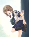  adjusting_clothes adjusting_shoe bag brown_eyes brown_hair kubyou_azami looking_back mouth_hold original school_uniform serafuku short_hair solo standing standing_on_one_leg 