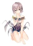  1girl bare_legs bare_shoulders barefoot brown_eyes chain closed_mouth commentary_request full_body grey_hair hair_between_eyes hand_on_own_face hand_up kazuka kneeling long_fingers looking_at_viewer monster_girl original short_hair short_shorts shorts simple_background smile solo white_background 