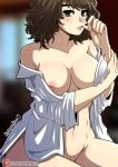  1girl artist_name blurry blurry_background blush breasts brown_eyes brown_hair collarbone hand_up heart heart_in_eye highres kawakami_sadayo kinkymation large_breasts looking_at_viewer naked_shirt nipples off_shoulder patreon_username persona persona_5 shirt short_hair smile solo symbol_in_eye thumb_to_mouth white_shirt 