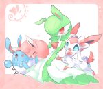  animal_ears azumarill blue_eyes blush bob_cut bow bowtie colored_skin dress fang gardevoir green_hair multicolored_skin okamori_kuo open_mouth pink_eyes pokemon pokemon_(creature) simple_background sylveon two-tone_fur two-tone_skin white_skin wigglytuff 