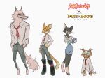 aggretsuko alternate_costume alternate_universe anthro black_body black_fur blue_eyes boots bottomwear brown_body brown_fur canid canine canis chihuahua clothing death_(puss_in_boots) domestic_cat domestic_dog dreamworks facial_markings felid feline felis female feral footwear fur fuzzy green_eyes grin group hand_on_hip head_markings hi_res holding_object kitty_softpaws looking_at_another male mammal markings mask_(marking) necktie open_mouth orange_body orange_fur pants perrito_(puss_in_boots) pocoyitos puss_in_boots_(character) puss_in_boots_(dreamworks) red_eyes sanrio shirt simple_background size_difference smile standing topwear toy_dog whiskers white_background white_body white_fur wide_eyed wolf