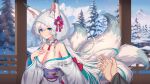  1girl animal_ear_fluff animal_ears breasts bride cleavage clover_theater colored_inner_hair forest fox_ears fox_girl fox_tail green_hair highres japanese_clothes katsuya_(clover_theater) kimono kitsune kyuubi large_breasts long_hair looking_at_viewer mole mole_on_neck mountain multicolored_hair multiple_tails nairobi_song nature pov shiromuku smile snow solo_focus tail tree uchikake white_hair white_kimono white_tail 
