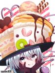  1girl black_gloves blouse bow cake chocolate_cake eyeball food fork frilled_shirt_collar frilled_sleeves frills fruit gloves green_hair hat hat_bow hat_ribbon heart heart_of_string highres holding holding_fork komeiji_koishi ribbon shirt soesoe300 solo third_eye tongue tongue_out touhou twitter_username 