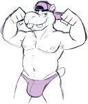 anthro backwards_cap belly bulge clothed clothing common_hippopotamus flexing flexing_bicep flexing_both_biceps goronic hi_res hippopotamid male mammal monochrome muscular muscular_male navel nipples short_tail sketch smile smirk solo standing tail teeth thong thong_only tongue topless underwear underwear_only