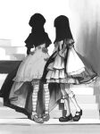  2girls dress face_in_shadow facing_viewer frederica_bernkastel full_body greyscale highres lambdadelta long_hair mary_janes monochrome multiple_girls nasu_(nasuotabe) shoes sleeves_past_fingers sleeves_past_wrists striped_clothes striped_thighhighs thighhighs umineko_no_naku_koro_ni wide_sleeves 